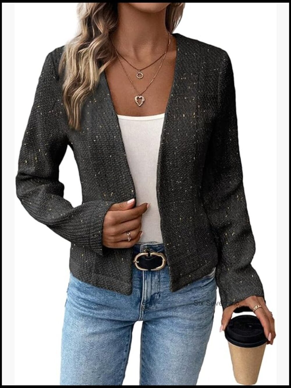 Tweed Blazer Jacket - Collarless Open Front Fully Lined Slim Fit Business Casual